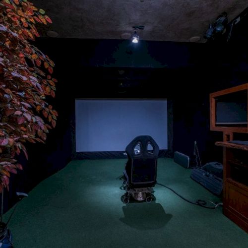 The image shows a home theater room with a projection screen, a central chair, a cabinet, a TV, and a decorative plant.